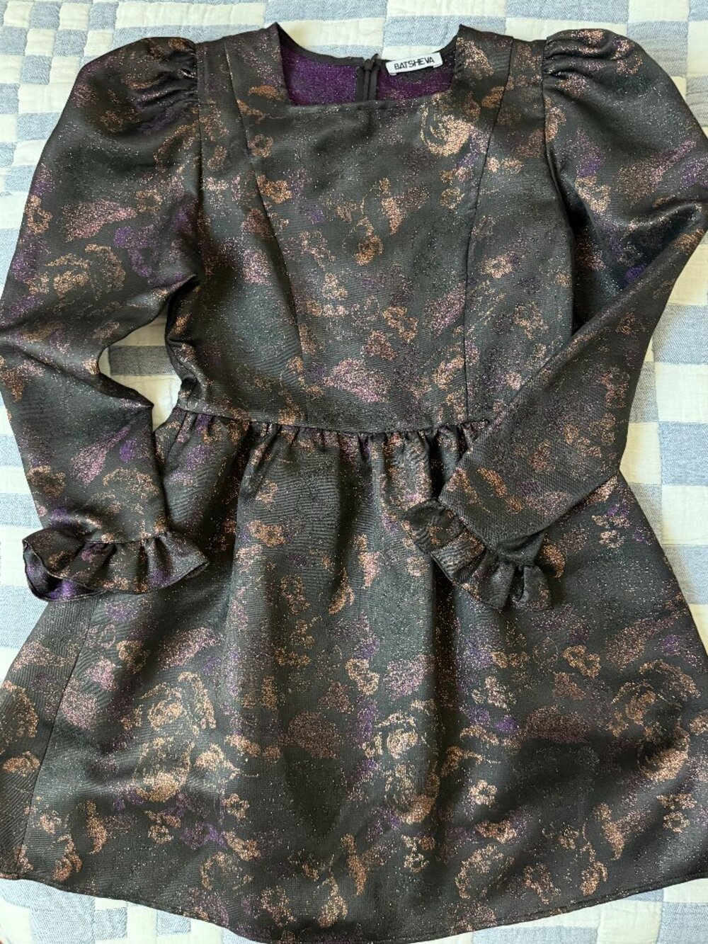 NWOT BATSHEVA Square Neck Mini Prairie, Metallic Floral Jacquard, Size 2